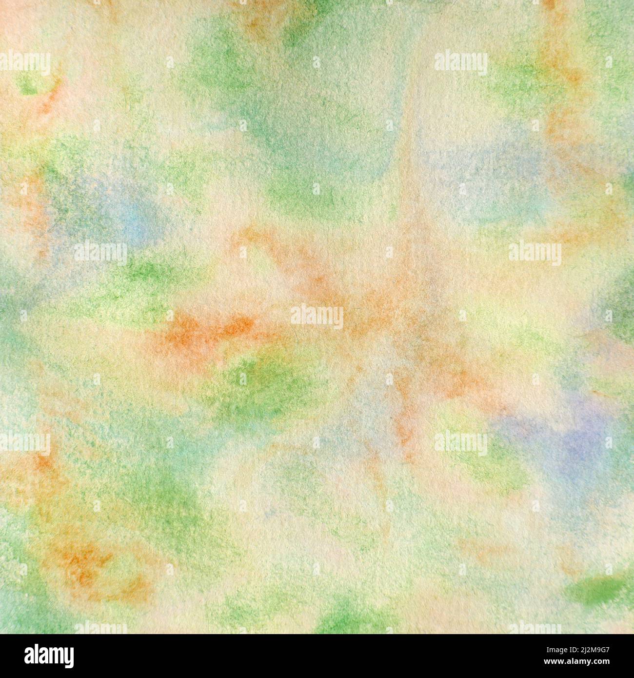 Abstract watercolor background green yellow peach blue shades, a handpainted design element. Stock Photo