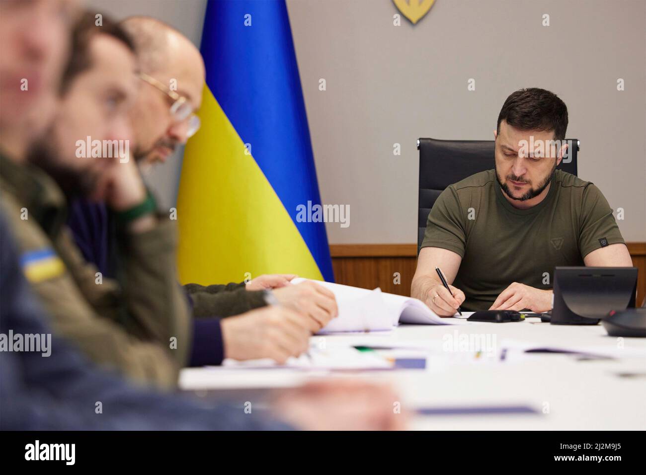 Kyiv, Ukraine. 02nd Apr, 2022. Ukrainian President Volodymyr Zelenskyy holds a meeting on the Russian invasion effects on the economy of his nation at a secure location, April 2, 2022 in Kyiv, Ukraine. Credit: Ukraine Presidency/Ukraine Presidency/Alamy Live News Stock Photo