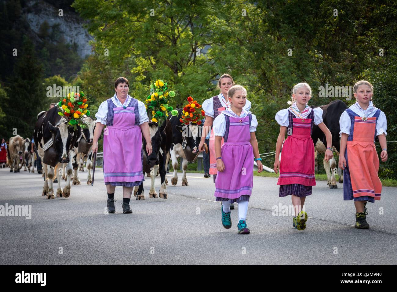Charmey, Fribourg, Switzerland - 28 September 2019 : Farmers with a herd of cows on the annual transhumance at Charmey near Gruyeres, Fribourg zone on Stock Photo