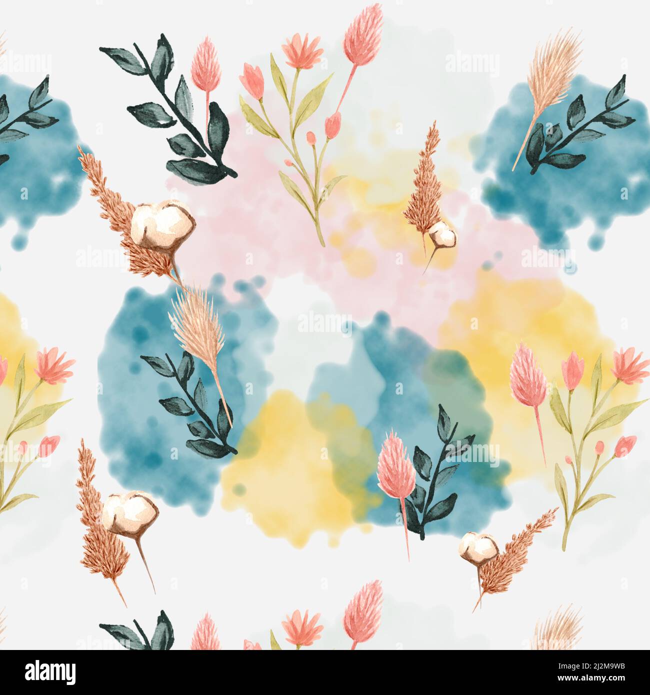 Boho watercolor floral pattern background in teal, desert rose, saffron yellow shades of wildflowers in this pretty design element. Stock Photo