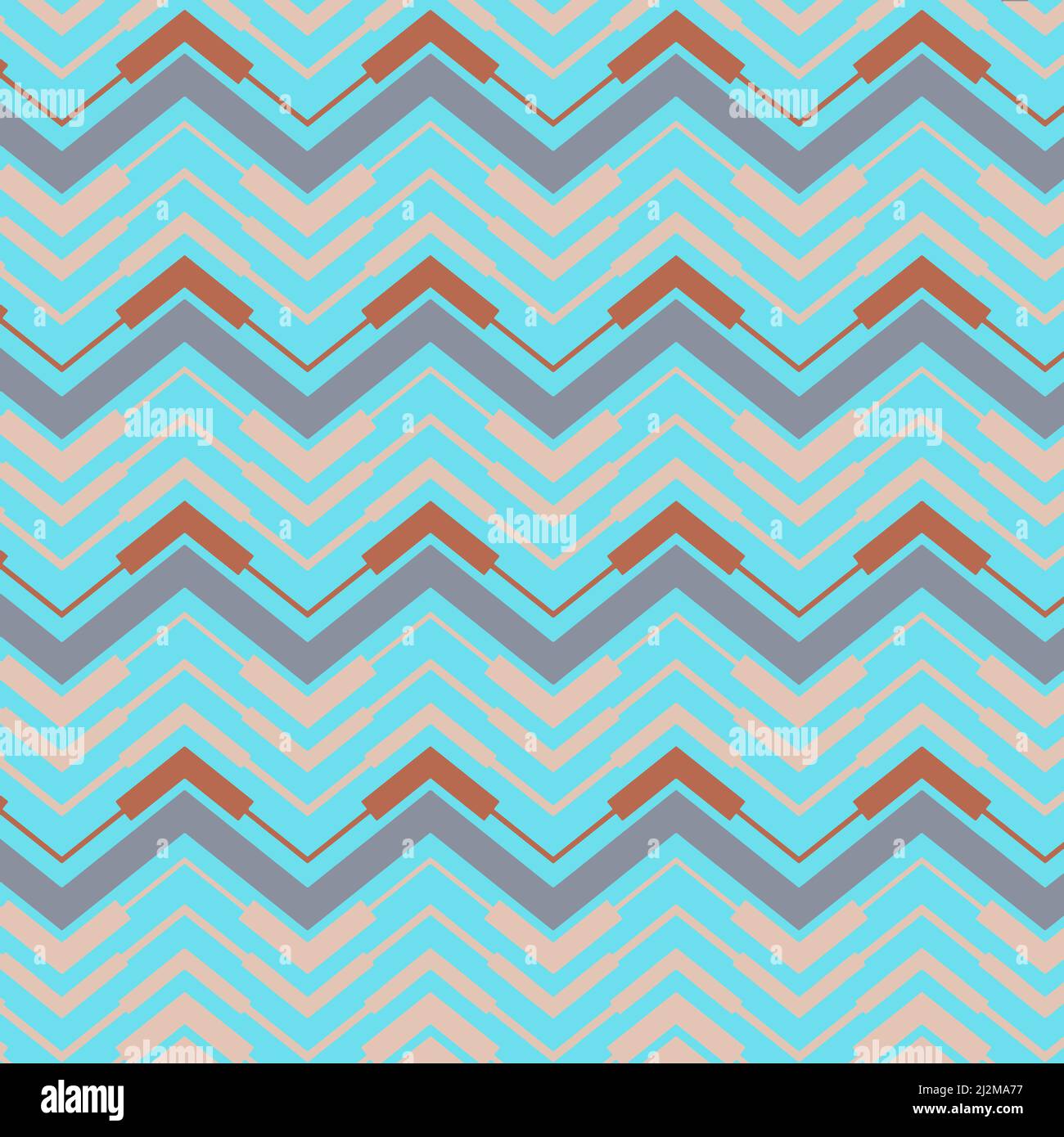 Country western pattern zigzag background in turquoise aqua, coral peach, and copper red with a different rick rack chevron pattern. Stock Photo