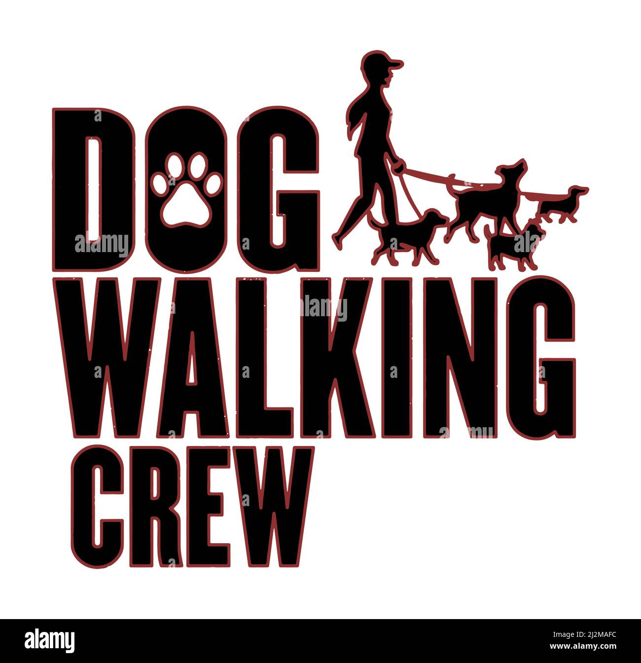 Dog walking crew for dog walkers graphic illustration with black text on a white background. Stock Photo