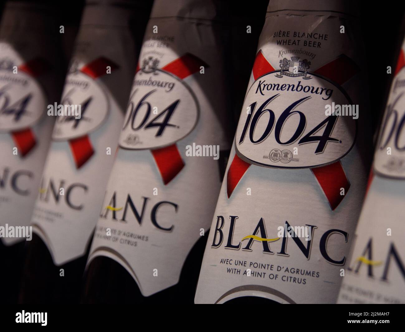 The Kronenbourg 1664 logo on beer bottles. It was reported that Carlsberg Group is leaving the Russian market and plans to transfer the local business to a new investor. The Danish brewing company 'Carlsberg' is represented in Russia by the brands 'Carlsberg', 'Kronenbourg', 'Holsten' and 'Tuborg' Stock Photo