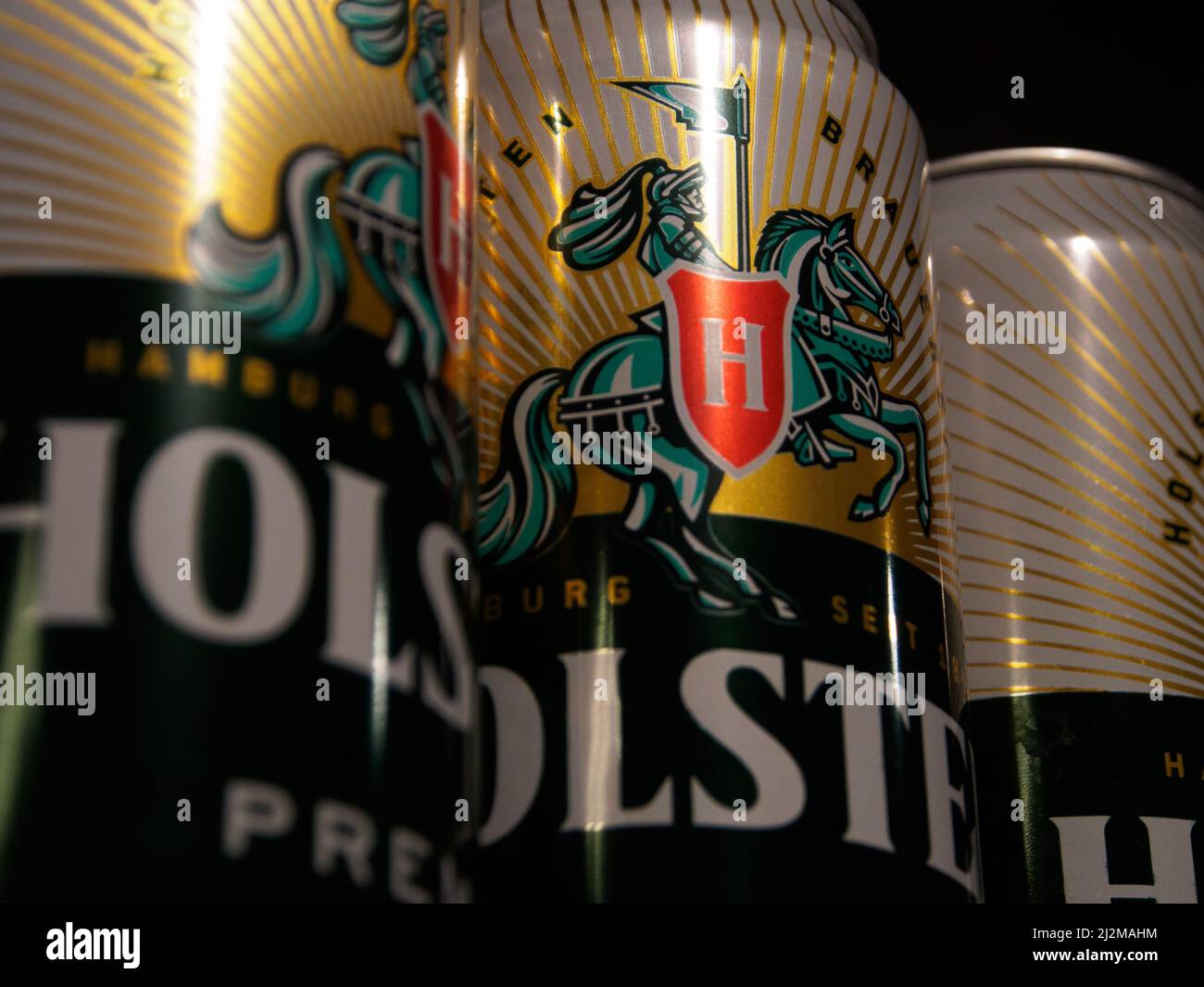 Holsten logo seen on beer cans. It was reported that Carlsberg Group is leaving the Russian market and plans to transfer the local business to a new investor. The Danish brewing company 'Carlsberg' is represented in Russia by the brands 'Carlsberg', 'Kronenbourg', 'Holsten' and 'Tuborg' Stock Photo