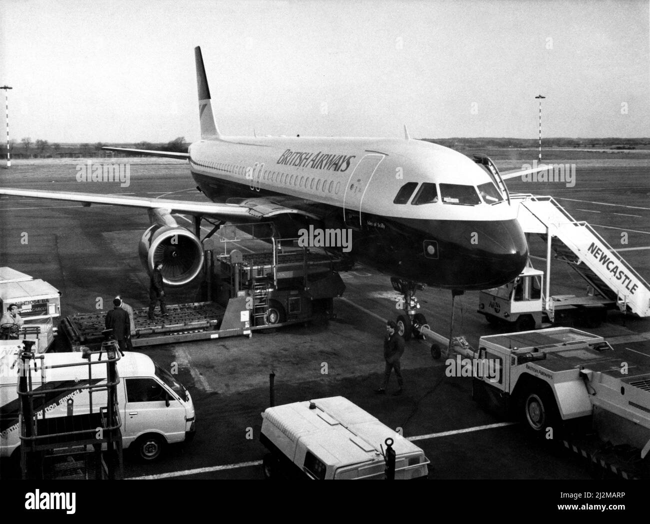 A new 50m British Airways Airbus A320 aircraft at Newcastle Airport,    23/02/89 Stock Photo