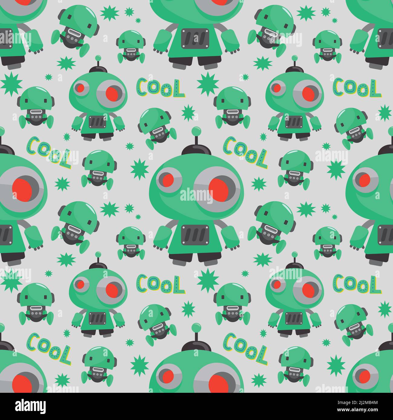 Little green robot seamless pattern on gray background for robotics and technology fans in this cute design element. Stock Photo
