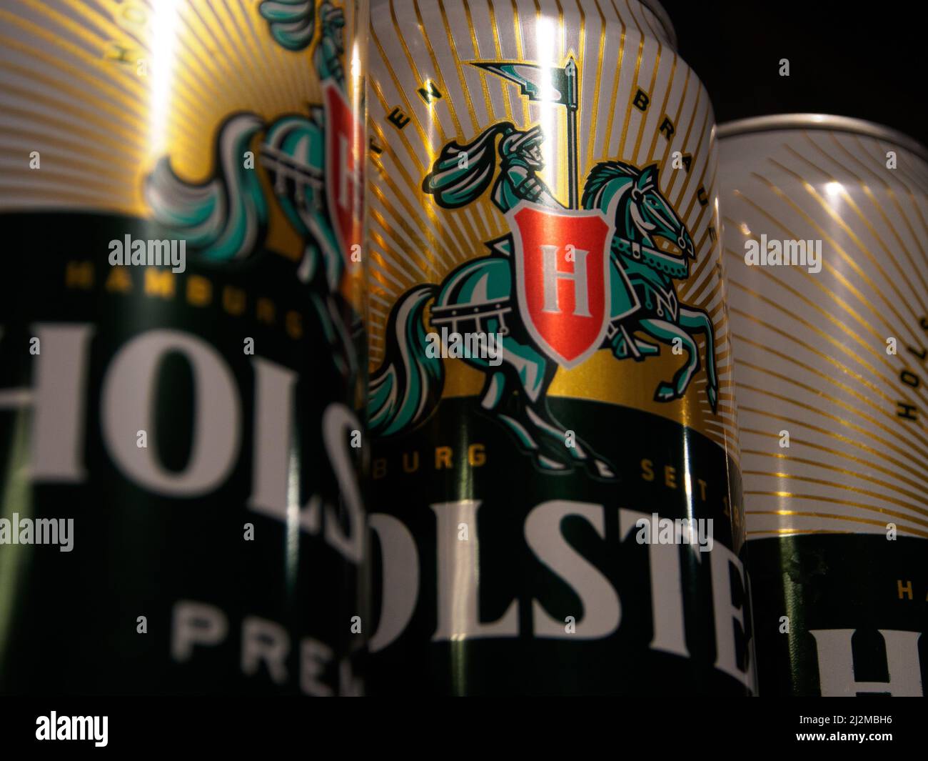 Moscow, Russia. 31st Mar, 2022. Holsten logo seen on beer cans. It was reported that Carlsberg Group is leaving the Russian market and plans to transfer the local business to a new investor. The Danish brewing company 'Carlsberg' is represented in Russia by the brands 'Carlsberg', 'Kronenbourg', 'Holsten' and 'Tuborg' (Photo by Alexander Sayganov/SOPA Images/Sipa USA) Credit: Sipa USA/Alamy Live News Stock Photo