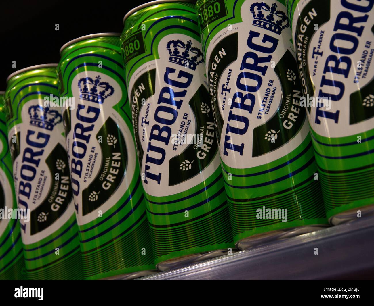 Moscow, Russia. 31st Mar, 2022. Tuborg beer cans on the supermarket shelf. It was reported that Carlsberg Group is leaving the Russian market and plans to transfer the local business to a new investor. The Danish brewing company ''Carlsberg'' is represented in Russia by the brands ''Carlsberg'', ''Kronenbourg'', ''Holsten'' and ''Tuborg' (Credit Image: © Alexander Sayganov/SOPA Images via ZUMA Press Wire) Stock Photo