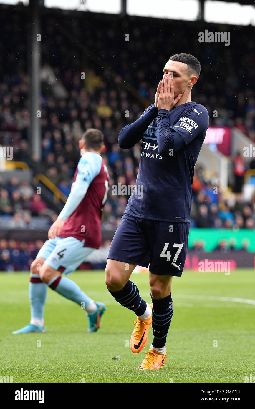 2nd April 2022 ; Turf Moor, Burnley, Lancashire, England; Premier League football, Burnley versus Manchester City; Phil Foden of Manchester City reacts to missing a goal scoring chance Stock Photo