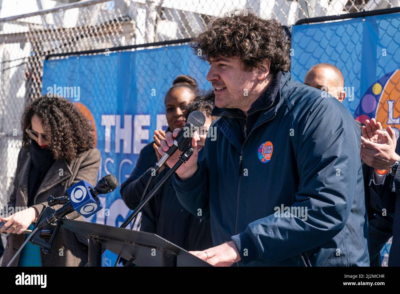 New York, USA. 02nd Apr, 2022. Alessandro Zamperla speaks during season opening of Luna Park of
