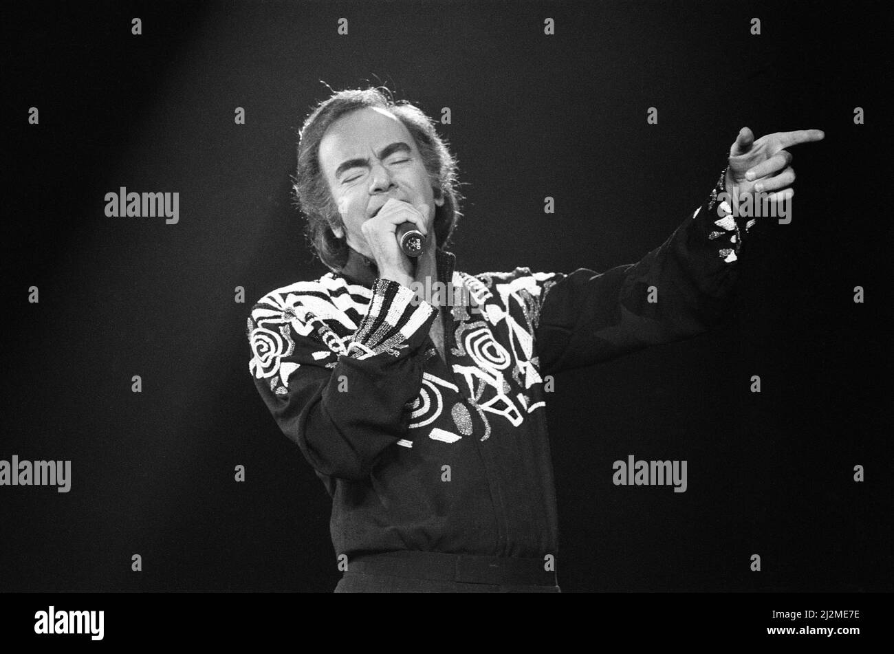 American singer Neil Diamond in concert at the NEC Arena, Birmingham. 8th November 1989. Stock Photo