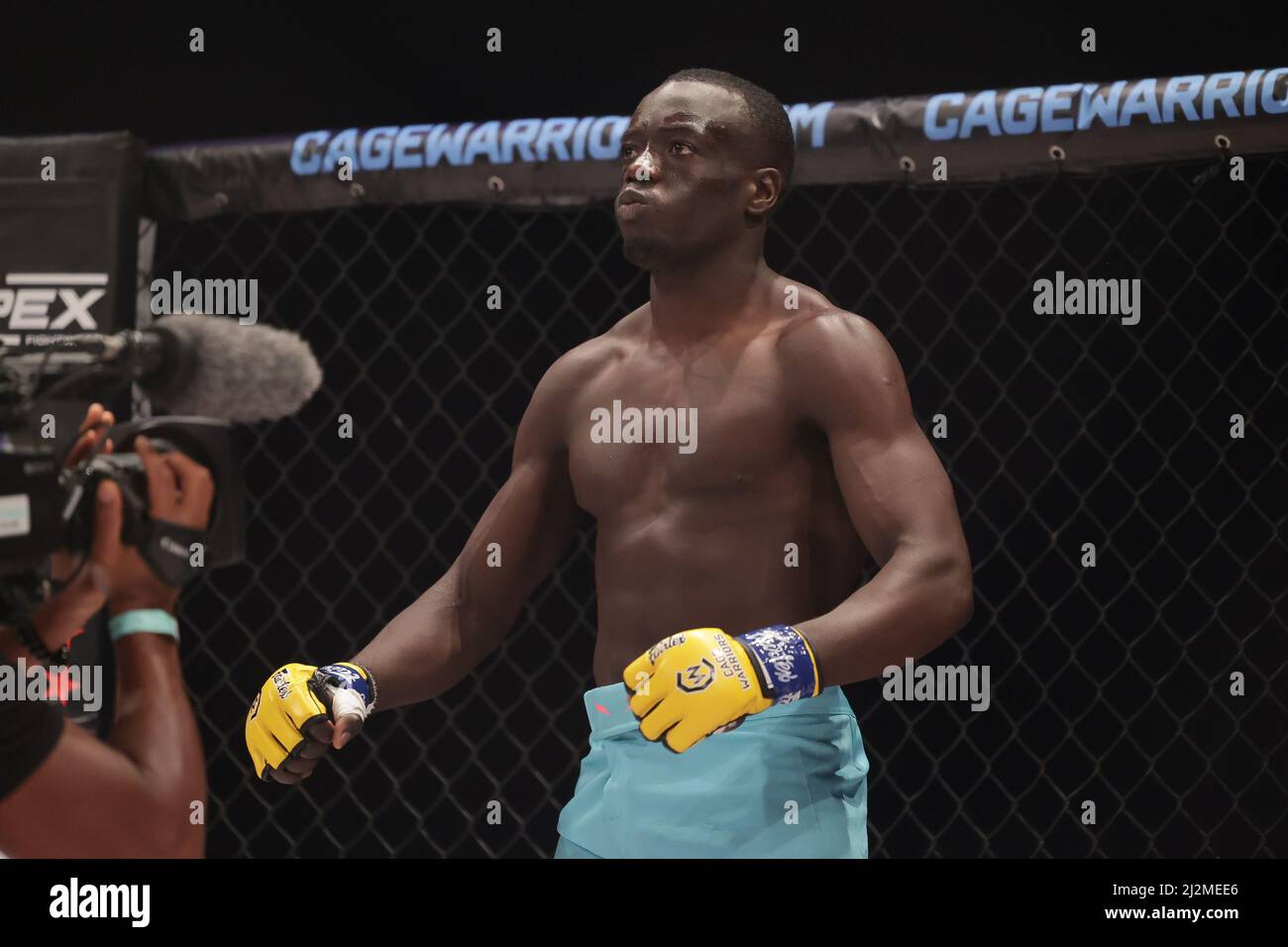 MANCHESTER, UK. APR 2ND Ndiaye El Hadji is announced to the crown during the Cage Warriors 136 event at the BEC Arena, Manchester on Saturday 2nd April 2022. (Credit: Pat Scaasi | MI News) Credit: MI News & Sport /Alamy Live News Stock Photo