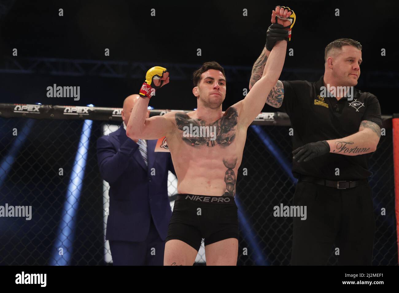MANCHESTER, UK. APR 2ND Dylan Hazan celebrates after beating Raymison Bruno during the Cage Warriors 136 event at the BEC Arena, Manchester on Saturday 2nd April 2022. (Credit: Pat Scaasi | MI News) Credit: MI News & Sport /Alamy Live News Stock Photo