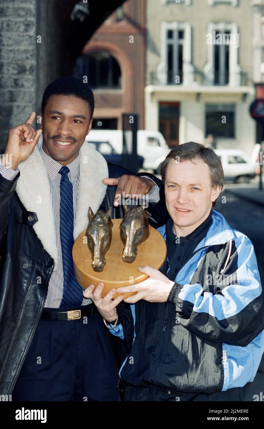 Michael Watson, MBE is a British former professional boxer who competed from 1984 to 1991. He held the Commonwealth middleweight title from 1989 to 1991, and challenged three times for a world title between 1990 and 1991.(Picture) Watson with trainer Frank Maloney. 20th March 1989 Stock Photo