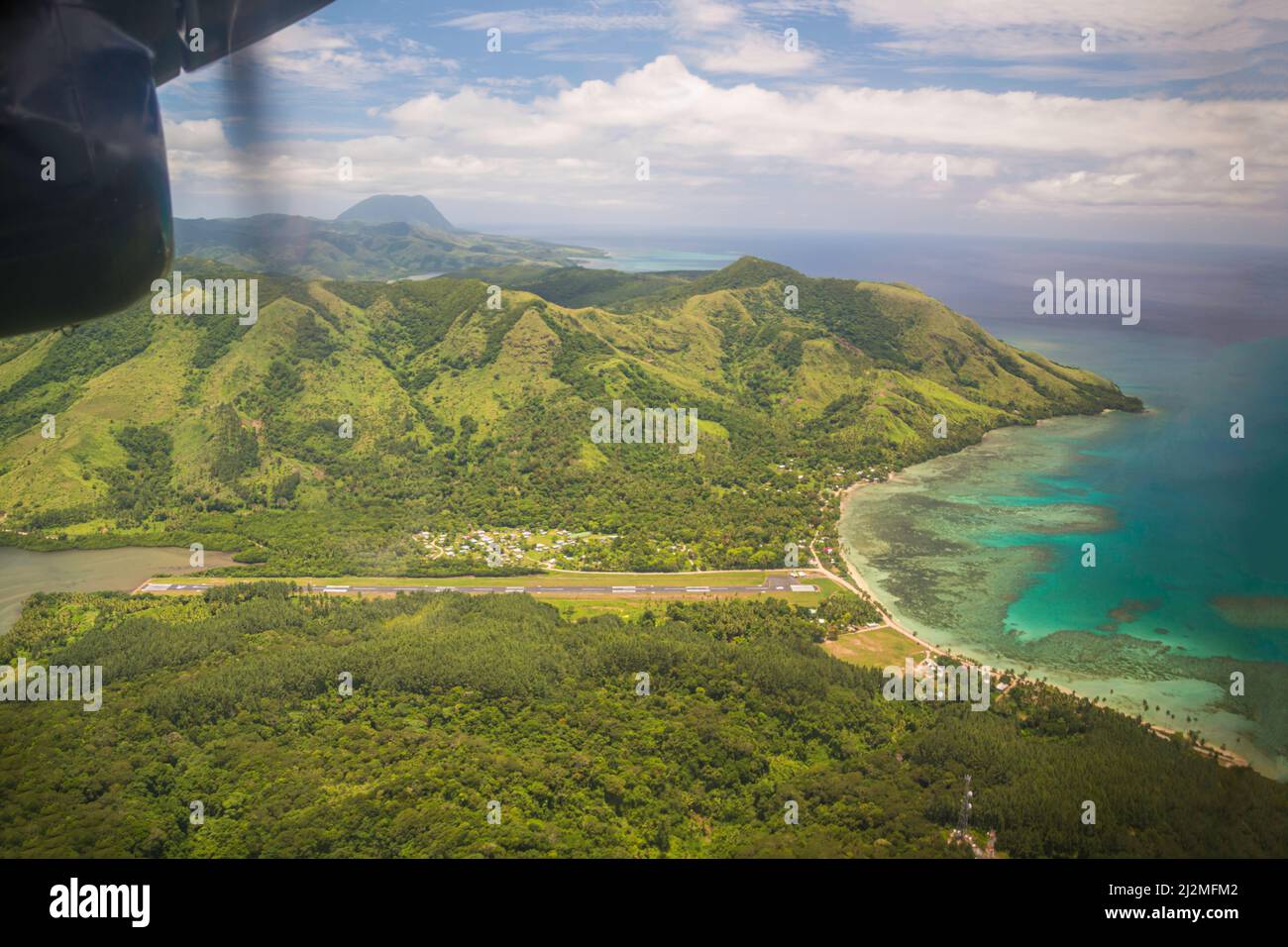An aerial view of the runway at the Savusavu Airport, on the island of Vanua Levu, Fiji. Stock Photo