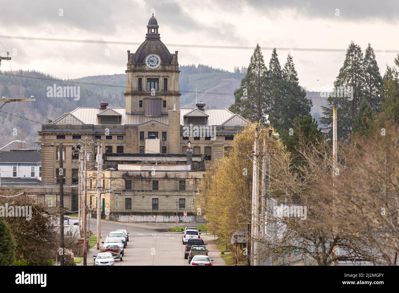Montesano, WA USA 03252022 Grays Harbor Courthouse from the back, showing the old prison