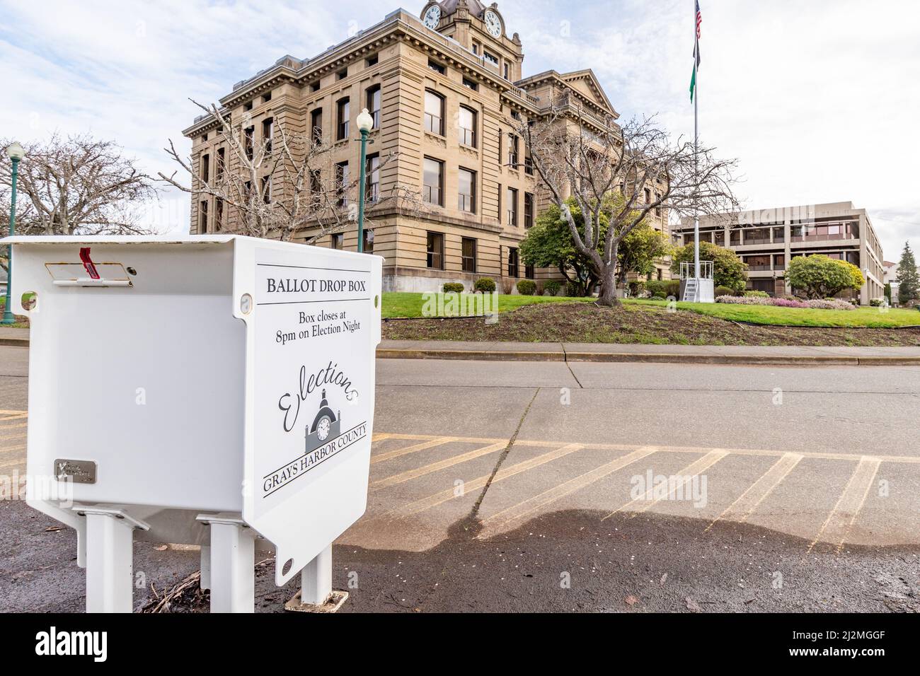 Montesano, WA USA 03252022 Drive up voter ballot box with Grays Harbor Courthouse in
