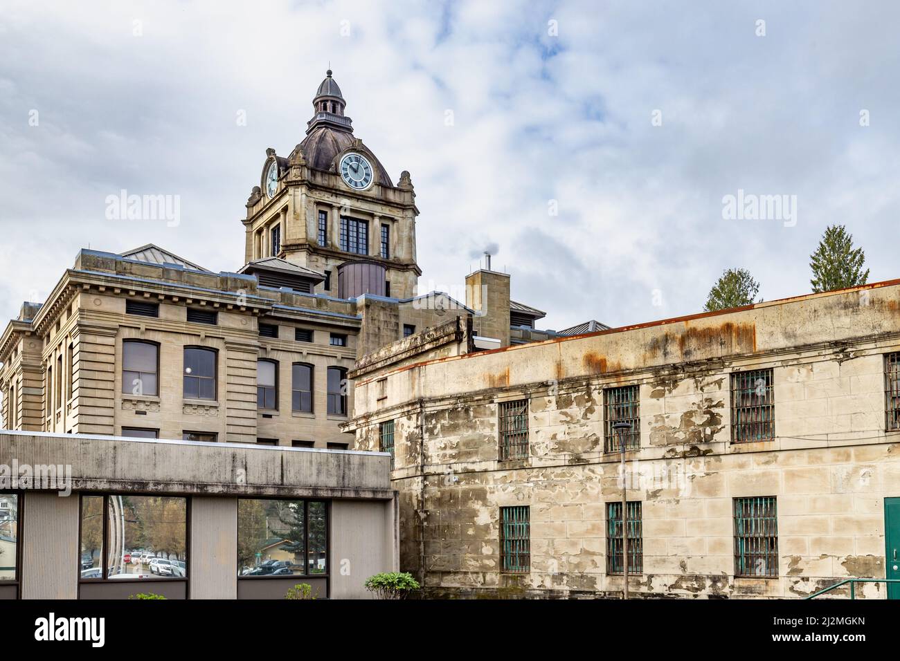 Montesano, WA USA 03252022 Grays Harbor Courthouse from the back, showing the old prison