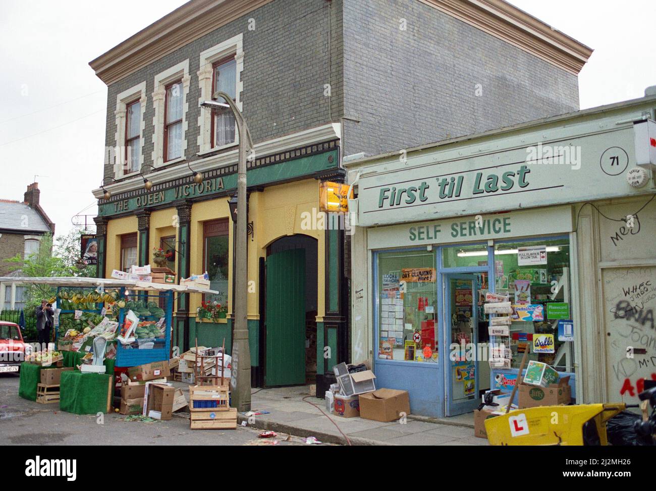 The cast of EastEnders on set. The Queen Victoria Pub. 28th June 1991