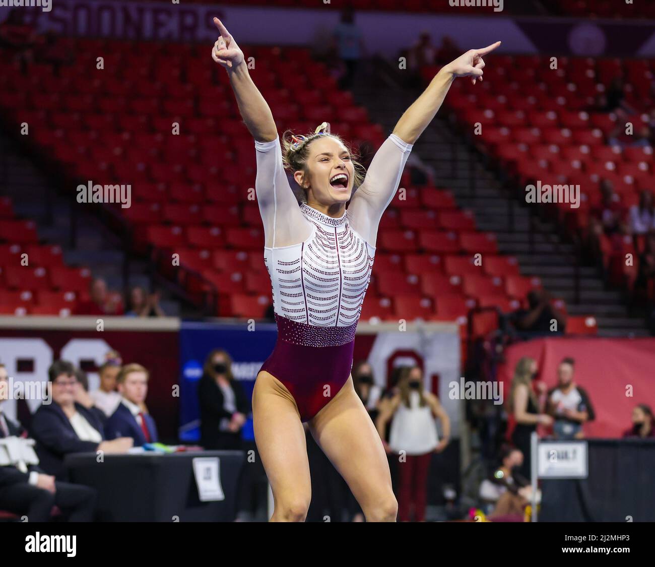 Norman, OK, USA. 2nd Apr, 2022. Oklahoma's Jordan Bowers points to the Sooner fan section following the completion of her floor routine at the Finals of the NCAA Women's Gymnastics Norman Regional at the Lloyd Noble Center in Norman, OK. Kyle Okita/CSM/Alamy Live News Stock Photo