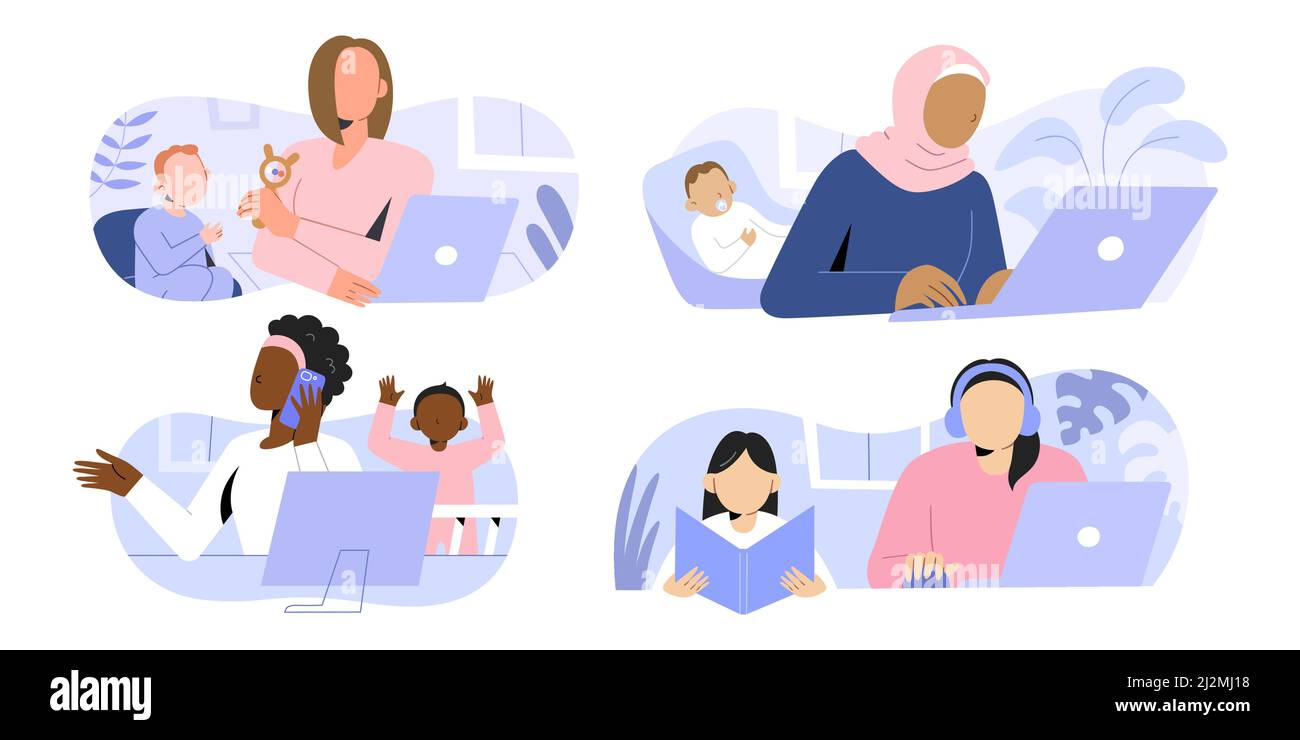Mothers freelancers working at home with children, using laptop, talking on the phone, young women multitasking, career and parenting concept Stock Vector