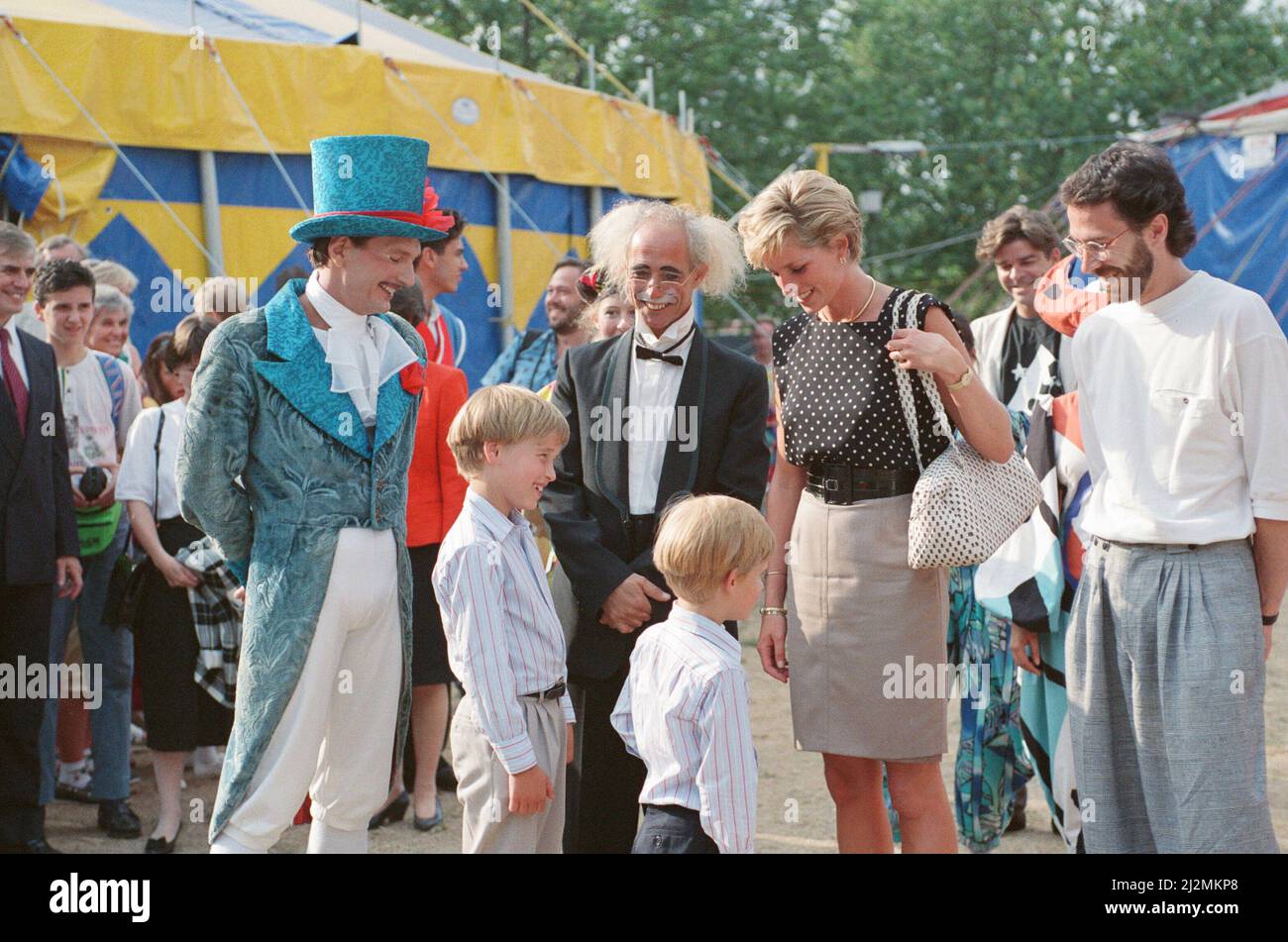 HRH The Princess of Wales, Princess Diana, along with her songs William and Harry enjoy the day atLe Cirque du Soleil, the Children's Circus.  Picture taken 8th August 1990 Stock Photo