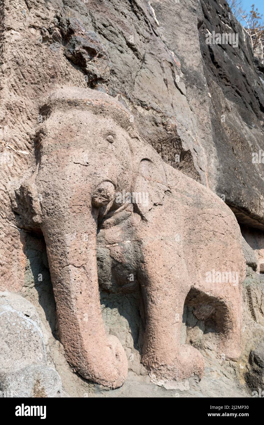 Elephant sculptures at the entrance to Cave 16 at Ajanta, Maharashtra, India Stock Photo