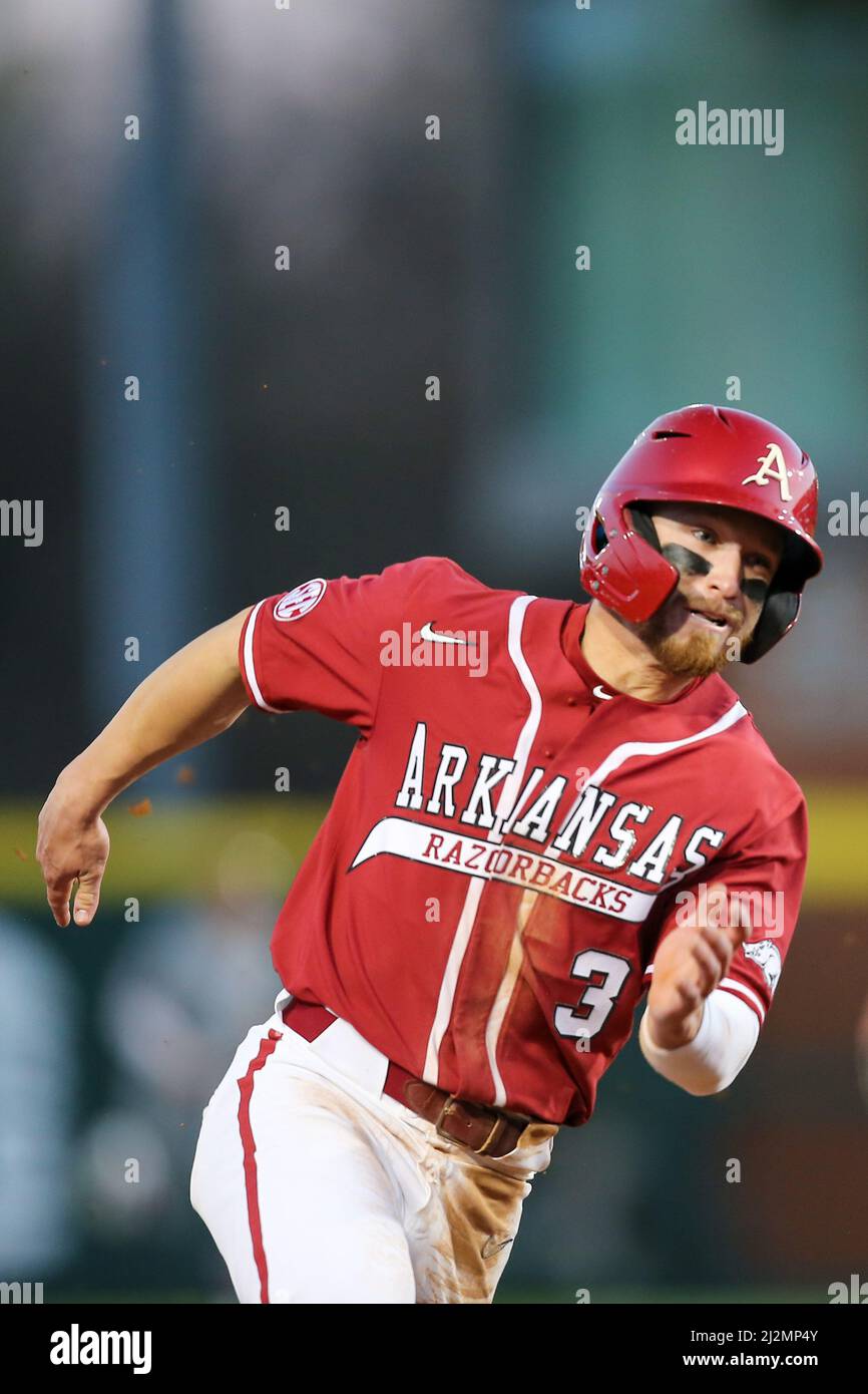 April 2, 2022: Zack Gregory #3 Arkansas outfielder makes his way around third base. Arkansas defeated Mississippi State 12-5 in Fayetteville, AR, Richey Miller/CSM Stock Photo