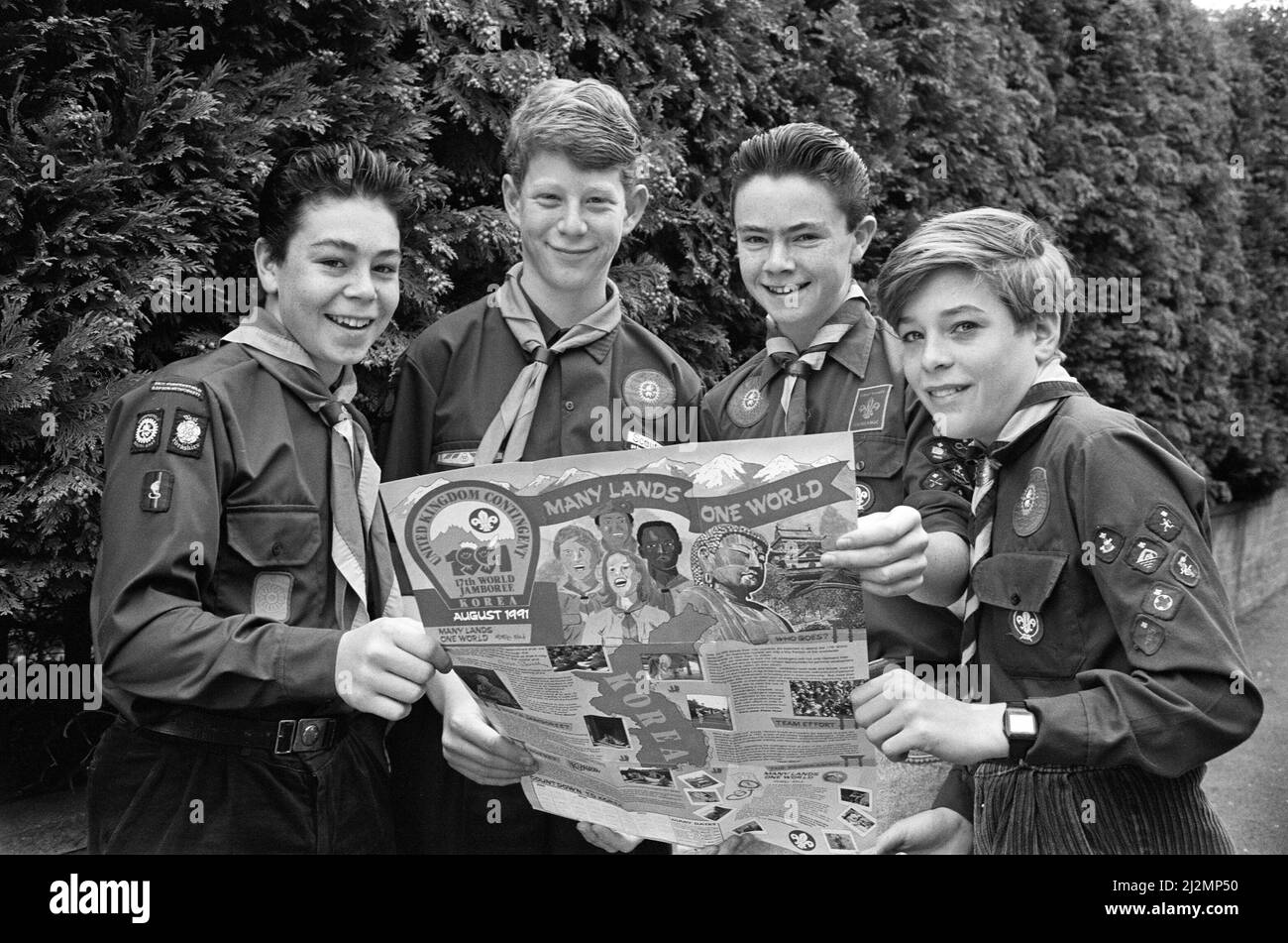Look out world, here we come... intrepid globetrotters from the Scout movement, who are out to raise £8,000 to finance a trip to Korea for the 17th World Jamboree in 1991. They are from left: Richard Beaumont, James Ellam, Graeme Murray, and Robin Ferguson. The scouts each have to raise £2,000 for the three-week trip which will include seven nights in Japan and 14 under canvas in the Sorek National Park, Korea, where the jamboree will take place. The youngsters have decided to pool their wits are jointly raising the funds, instead of individually. Future money spinners include a chariot race a Stock Photo