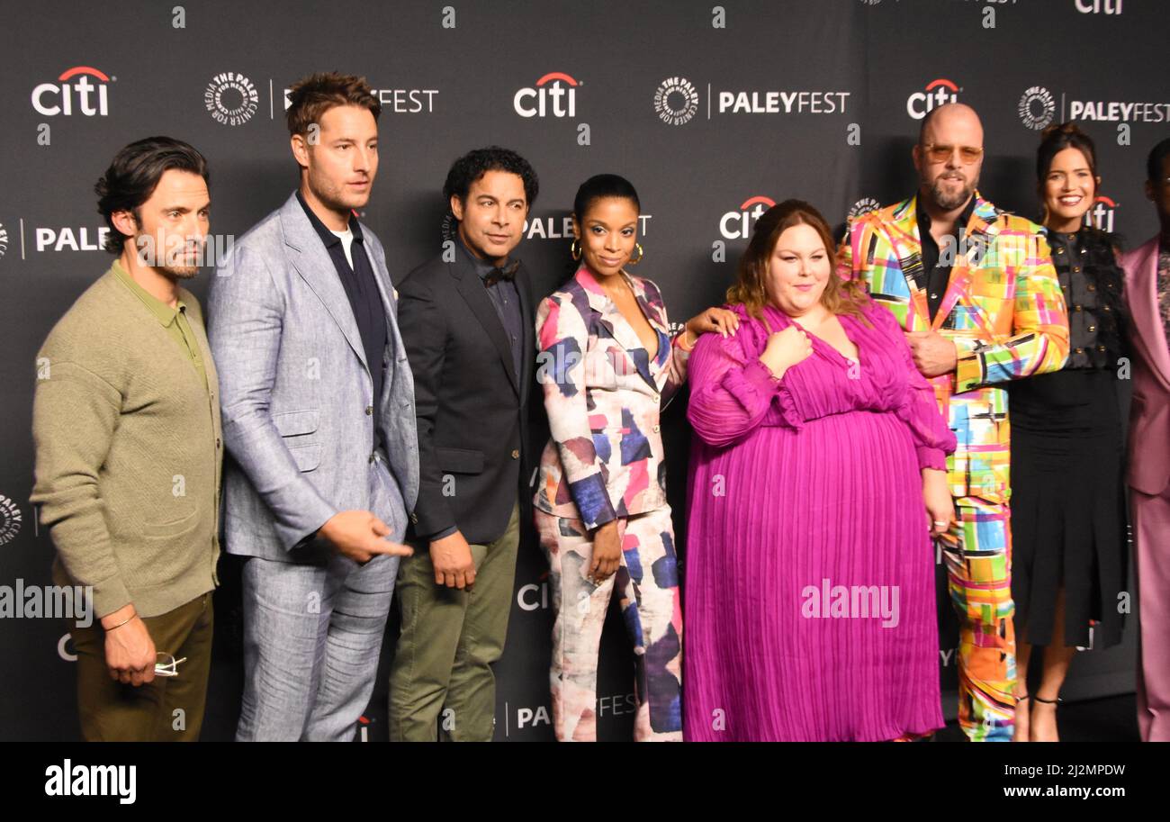 Hollywood, California, USA 2nd April 2022 (L-R) Actor Milo Ventimiglia, Actor Justin Hartley, Actor Jon Huertas, Actress Susan Kelechi Watson, Actress Chrissy Metz, Actor Chris Sullivan and Actress Mandy Moore attend The Paley Center For Media's 39th Annual Paleyfest 'This Is Us' at Dolby Theatre on April 2, 2022 in Hollywood, California, USA. Photo by Barry King/Alamy Live News Stock Photo