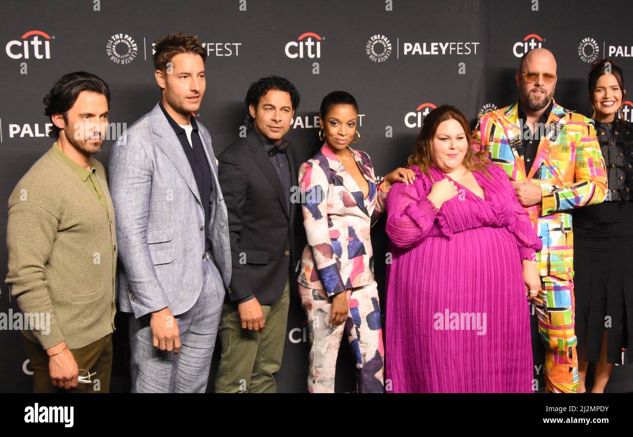 Hollywood, California, USA 2nd April 2022 (L-R) Actor Milo Ventimiglia, Actor Justin Hartley, Actor Jon Huertas, Actress Susan Kelechi Watson, Actress Chrissy Metz, Actor Chris Sullivan and Actress Mandy Moore attend The Paley Center For Media's 39th Annual Paleyfest 'This Is Us' at Dolby Theatre on April 2, 2022 in Hollywood, California, USA. Photo by Barry King/Alamy Live News Stock Photo
