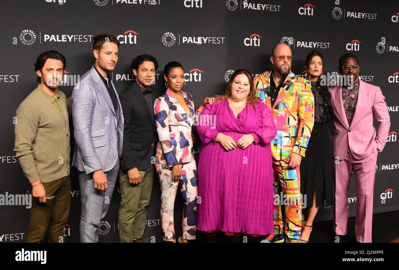 Hollywood, California, USA 2nd April 2022 (L-R) Actor Milo Ventimiglia, Actor Justin Hartley, Actor Jon Huertas, Actress Susan Kelechi Watson, Actress Chrissy Metz, Actor Chris Sullivan, Actress Mandy Moore and Actor Sterling K. Brown attend The Paley Center For Media's 39th Annual Paleyfest 'This Is Us' at Dolby Theatre on April 2, 2022 in Hollywood, California, USA. Photo by Barry King/Alamy Live News Stock Photo
