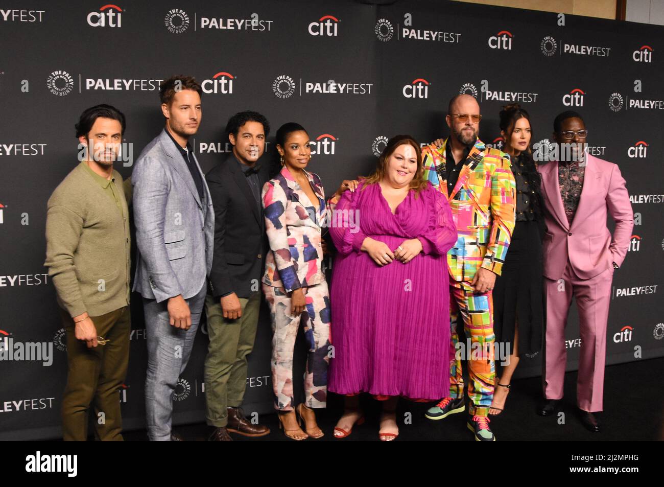 Hollywood, California, USA 2nd April 2022 (L-R) Actor Milo Ventimiglia, Actor Justin Hartley, Actor Jon Huertas, Actress Susan Kelechi Watson, Actress Chrissy Metz, Actor Chris Sullivan, Actress Mandy Moore and Actor Sterling K. Brown attend The Paley Center For Media's 39th Annual Paleyfest 'This Is Us' at Dolby Theatre on April 2, 2022 in Hollywood, California, USA. Photo by Barry King/Alamy Live News Stock Photo