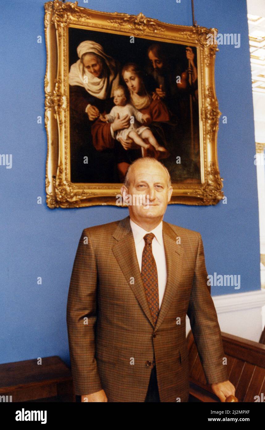 Sir John Hall, property developer (knighted 1991) and life president and former chairman of Newcastle United football club (1992 to 1997), pictured at Wynyard Hall Estate, County Durham, 10th June 1991. Our Picture Shows ... John Hall with paintings back in the chapel. He hopes he can persuade Lord Londonderry to return to his former home. Mr Hall has invested 3million pounds in returning the stately home to its former glory. Stock Photo