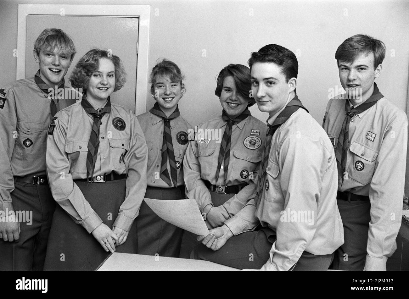 Nineteen-year-old Gary Pearson (2nd right) , who has been presented with the Queens Scout Award, the highest in the Scout movement. He is pictured with recipients of Venture Awards, which are next in line to the Queen¿ Award. They are (from left) Jon Addy, 19, Elizabeth Coombs, 17, Nicola Todd, 17, Lisa Gates,16, and Darren Buttle, 17. All are members of Honley Venture Scouts and the presentations were made at Honley Scout headquarters by West Yorkshire¿ deputy county commissioner. Mr Roger Williams. 8th February 1991. Stock Photo