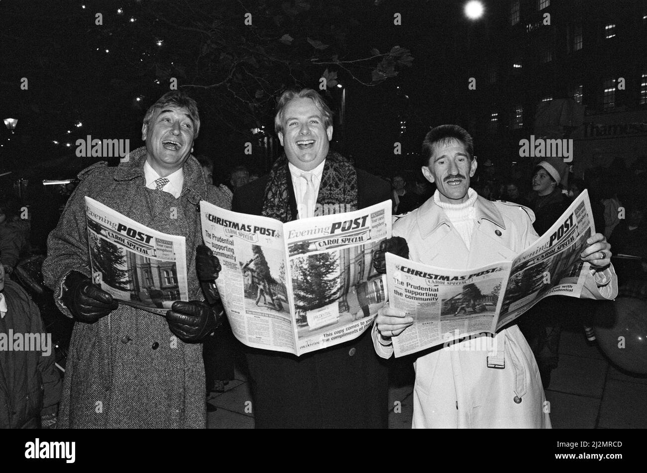 Christopher Biggins and Barry Chuckle. Christmas light switch on at Broad Street Mall, Reading. 21st November 1991. Stock Photo