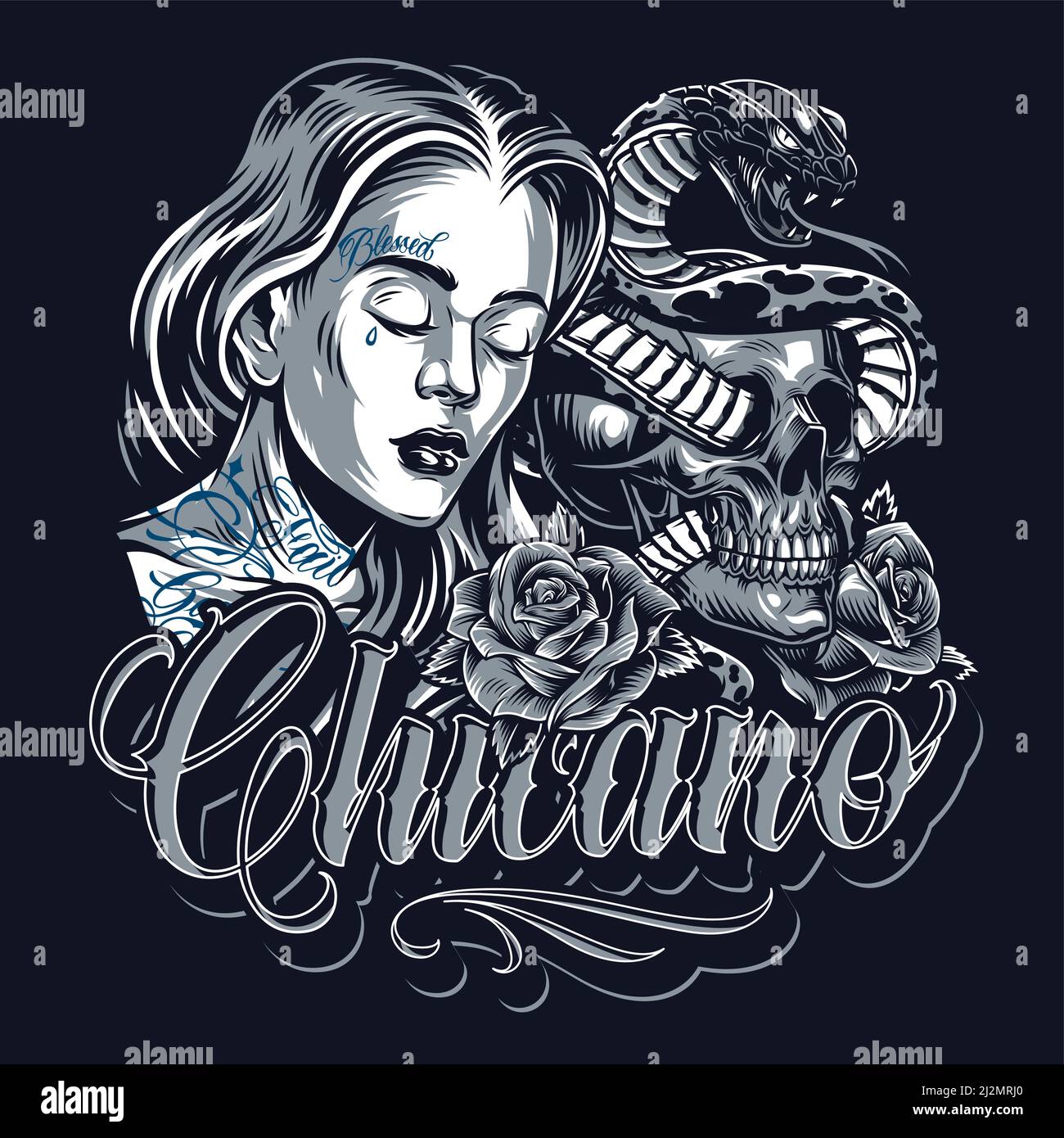 Chicano tattoo vintage template with sad beautiful girl cat skull roses poisonous snake entwined with skull on dark background isolated vector illustr Stock Vector