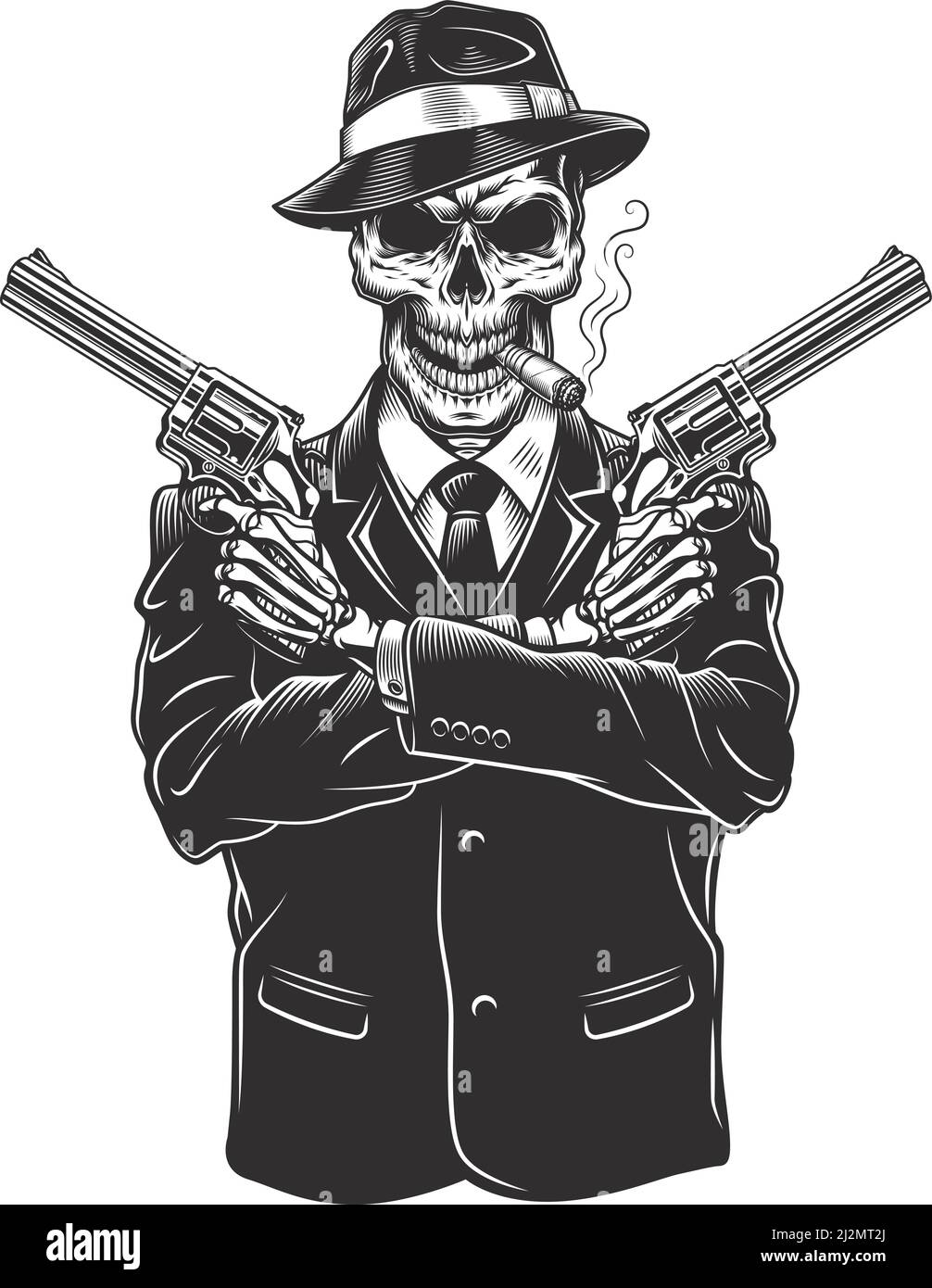 Skeleton gangster with revolvers in suit. Vector illustration Stock Vector  Image & Art - Alamy