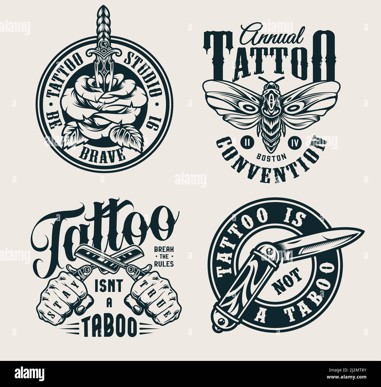 Vintage tattoo studio logos with rose pierced with knife butterfly pocket knife male hands holding crossed razors in monochrome style isolated vector Stock Vector