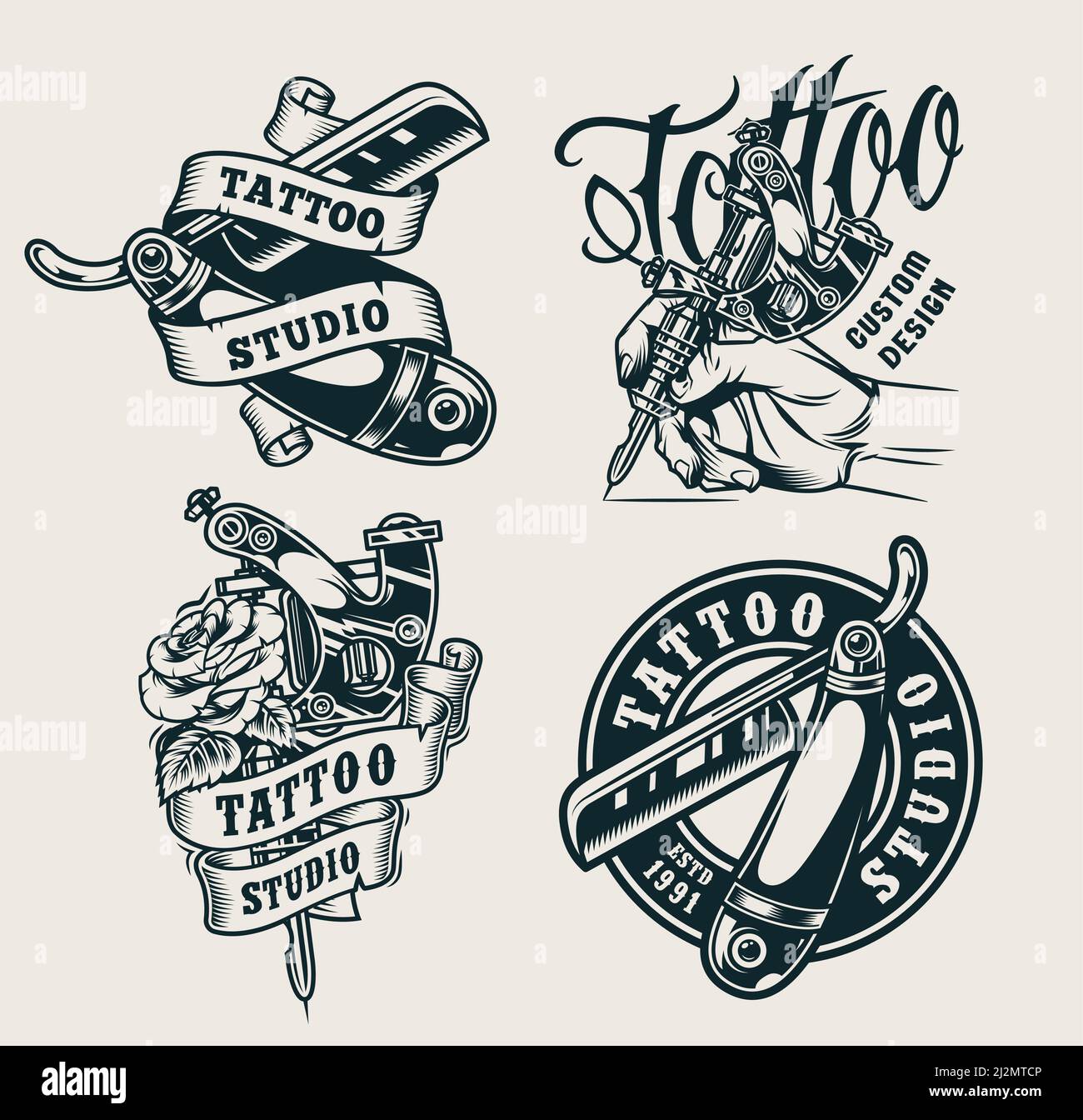 Vintage tattoo studio prints with straight razors rose male hand holding tattoo machine isolated vector illustration Stock Vector