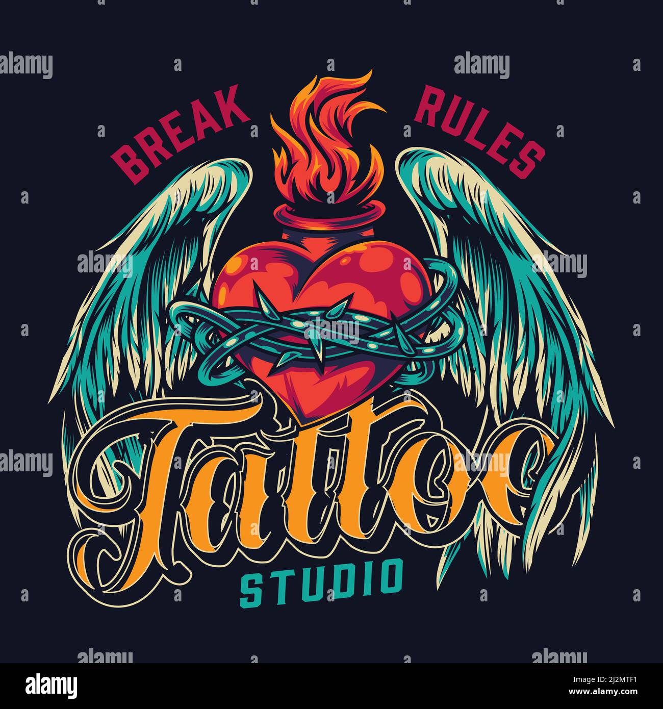 Tattoo studio vintage colorful badge with fiery heart in barbed wire with angel wings isolated vector illustration Stock Vector