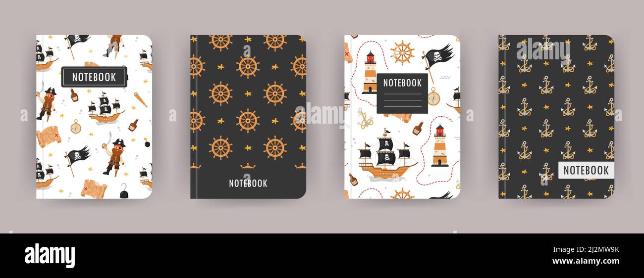 Cover page notebook collection. Templates with pirate items. Perfect for diary, books, magazines, journals, catalogs, planners and flyers. Vector Stock Vector