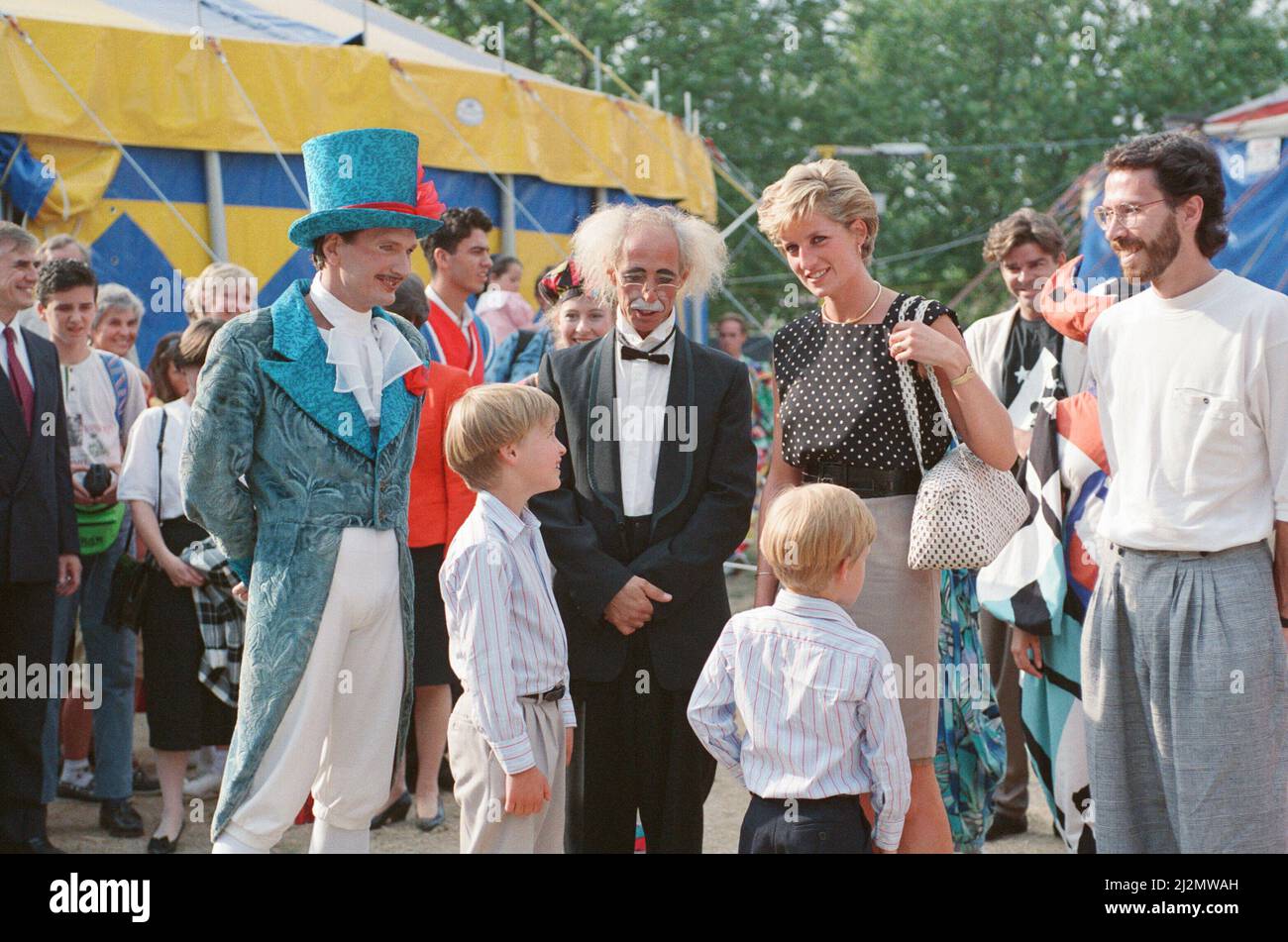 HRH The Princess of Wales, Princess Diana, along with her songs William and Harry enjoy the day atLe Cirque du Soleil, the Children's Circus.  Picture taken 8th August 1990 Stock Photo