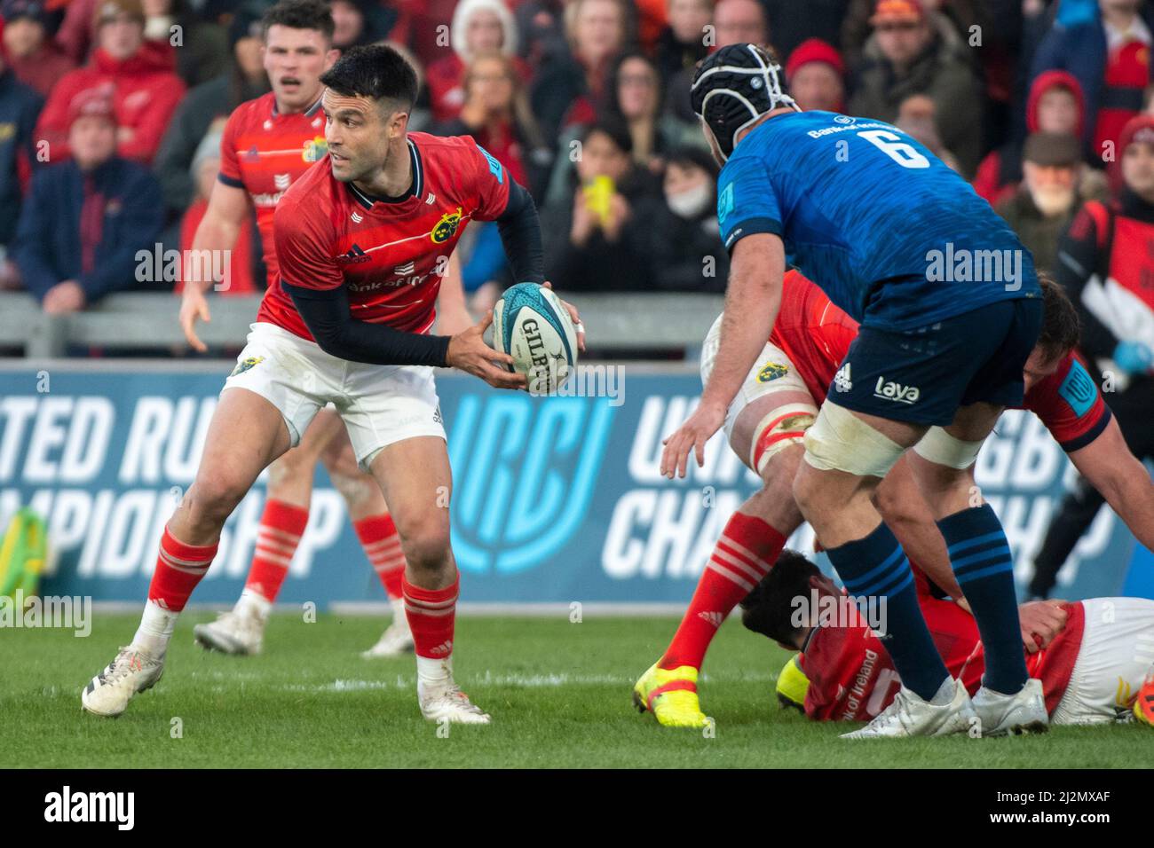 Conor Murray of Munster with the ball during the United Rugby Championship Round 15 match between Munster Rugby and Leinster Rugby at Thomond Park in Limerick, Ireland on April 2, 2022 (Photo
