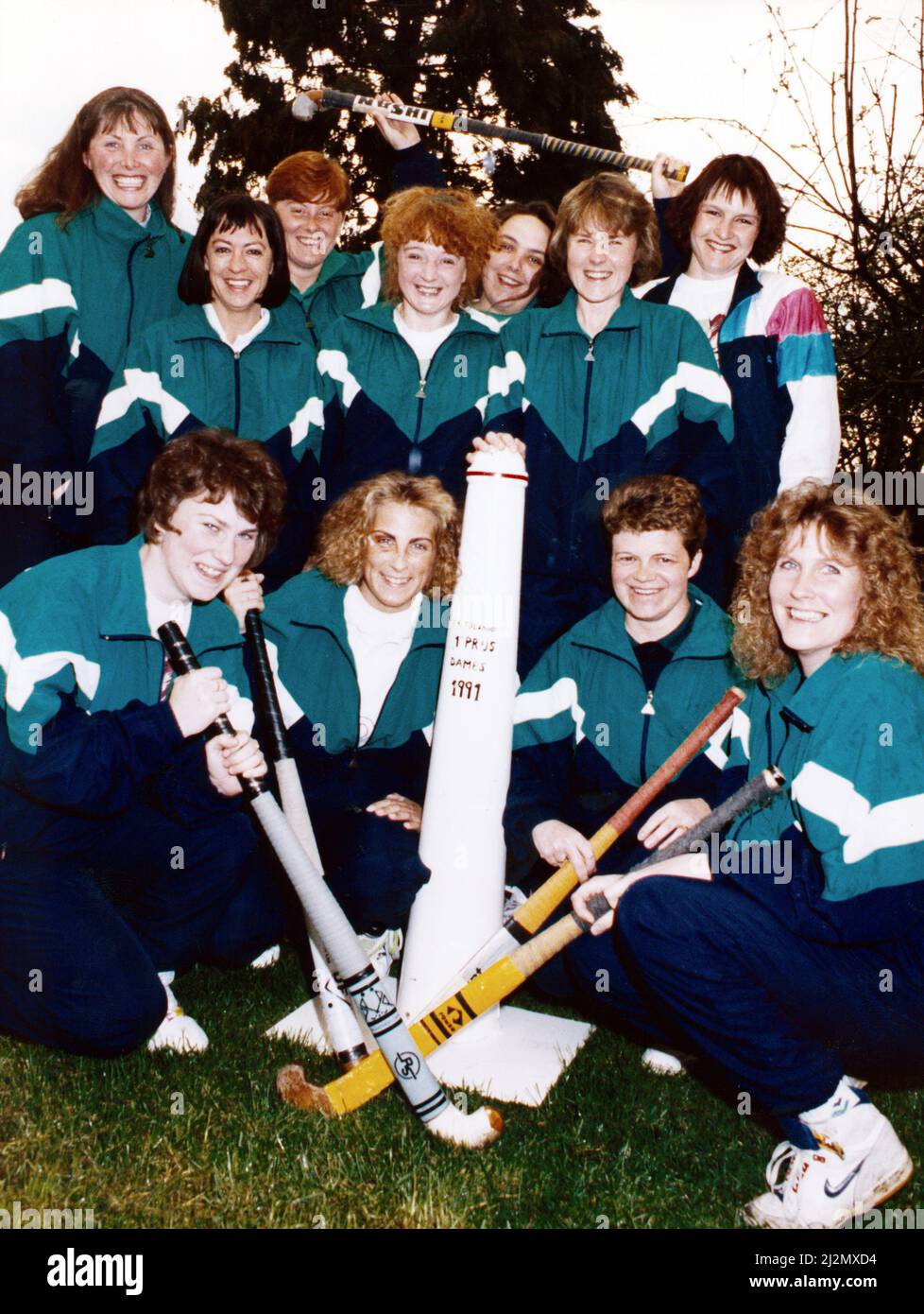 It wouldn't happen in Soccer! Roseberry ladies hockey team came back with the silver wear after 'losing' in a tournament in Holland. Four wins, Two draws and a defeat carried the Roseberry girls into the final against Dutch club Keddelin and though the match ended goalless after extra time, Keddelin won 4-3 on penalties. But in a superb sportswomanly gesture, the dutch girls owned up to taking an extra stride on the winning stroke and presented the trophy to their English visitors.  3rd April 1991. Stock Photo