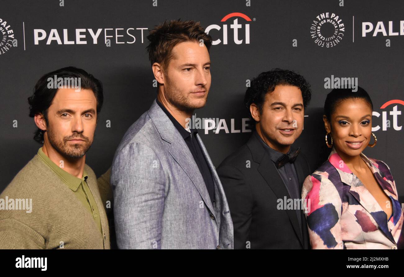 Hollywood, California, USA 2nd April 2022 (L-R) Actor Milo Ventimiglia, Actor Justin Hartley, Actor Jon Huertas and Actress Susan Kelechi Watson attend The Paley Center For Media's 39th Annual Paleyfest 'This Is Us' at Dolby Theatre on April 2, 2022 in Hollywood, California, USA. Photo by Barry King/Alamy Live News Stock Photo