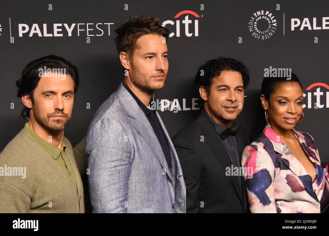 Hollywood, California, USA 2nd April 2022 (L-R) Actor Milo Ventimiglia, Actor Justin Hartley, Actor Jon Huertas and Actress Susan Kelechi Watson attend The Paley Center For Media's 39th Annual Paleyfest 'This Is Us' at Dolby Theatre on April 2, 2022 in Hollywood, California, USA. Photo by Barry King/Alamy Live News Stock Photo