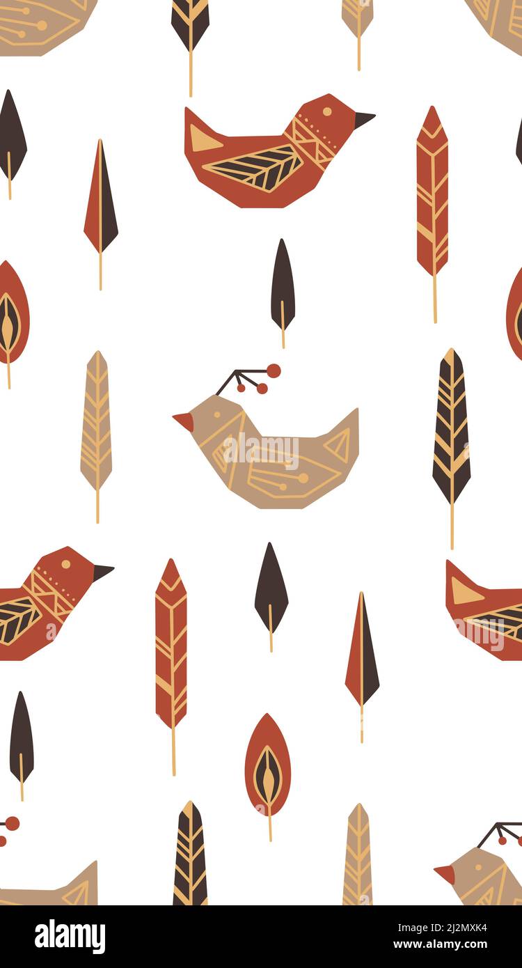 Vector pattern with birds and feathers with folk art on white ...