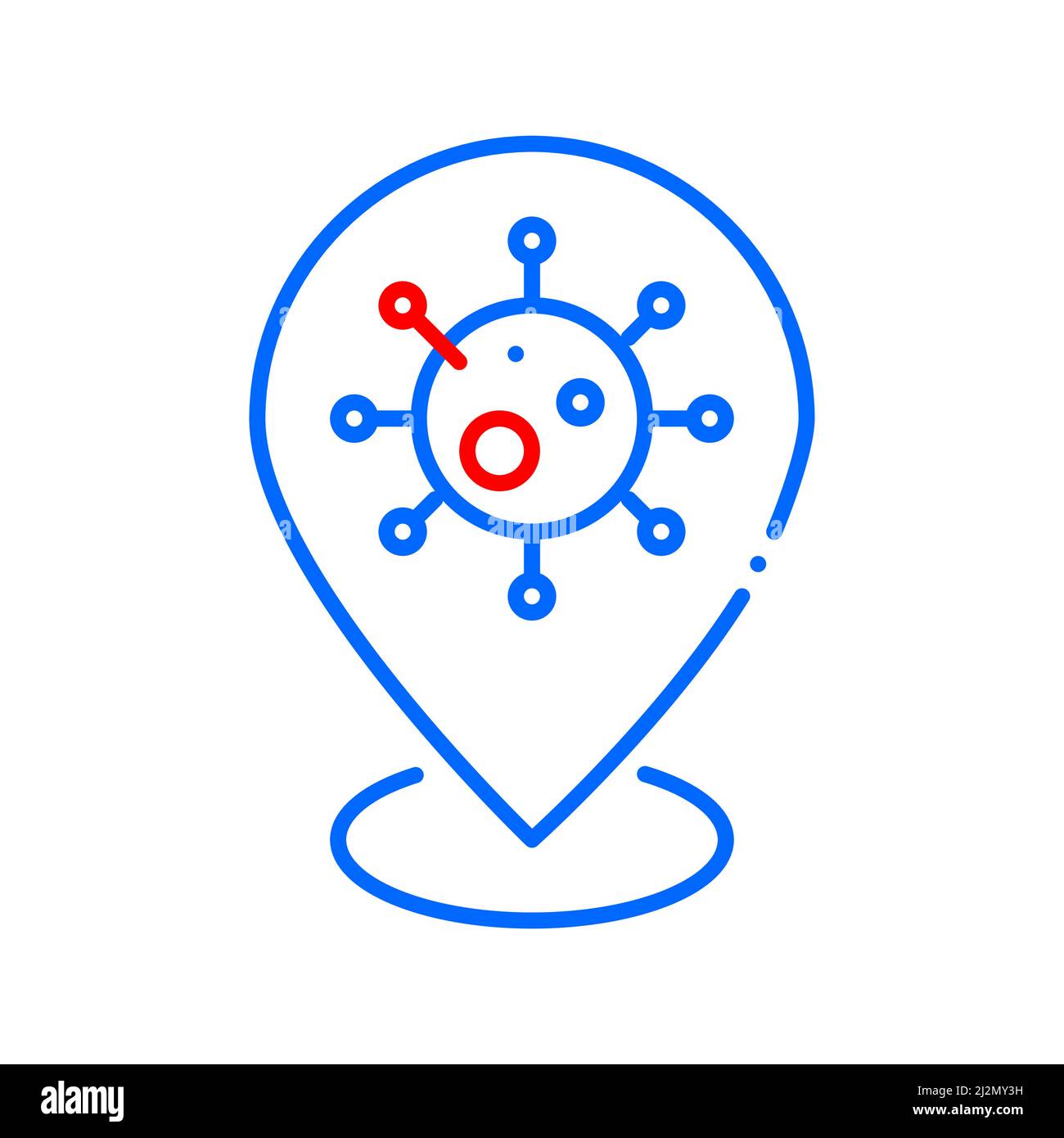Covid 19 molecule on a map pointer. Vaccination or test location. Pixel perfect, editable stroke icon Stock Vector