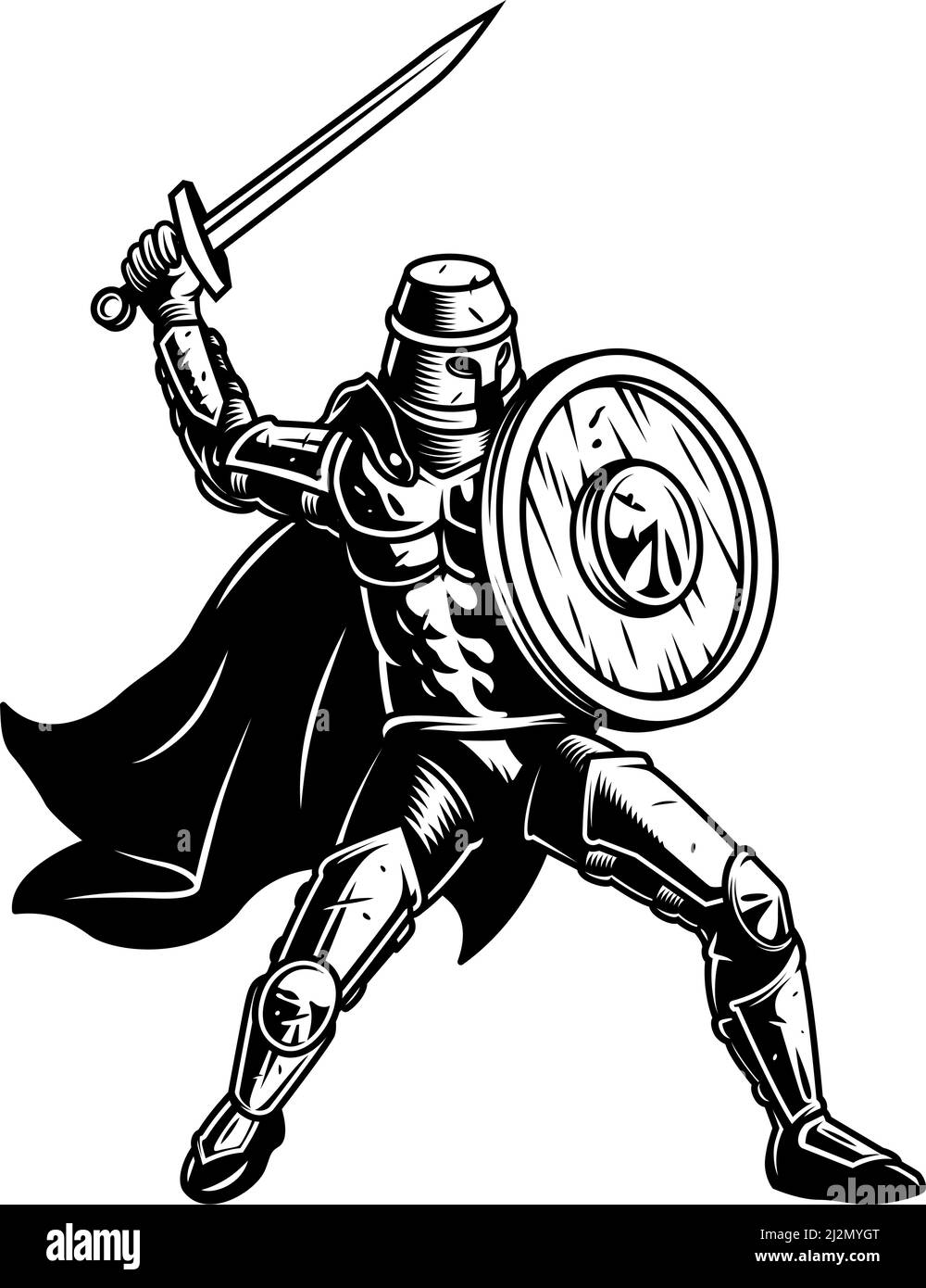 medival warrior with shield. Vector vintage illustration Stock Vector